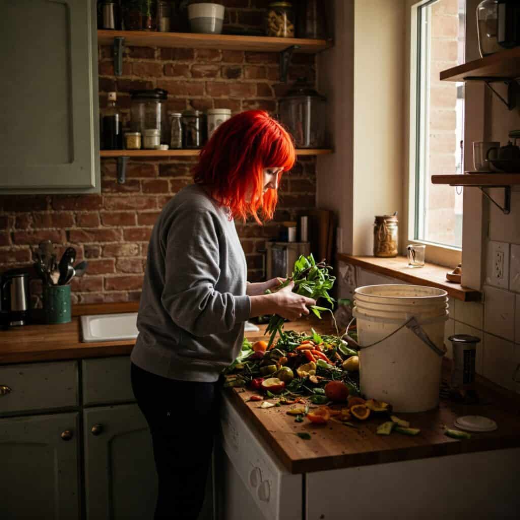 kobieta przygotowująca w kuchni resztki jedzenia na kompost 