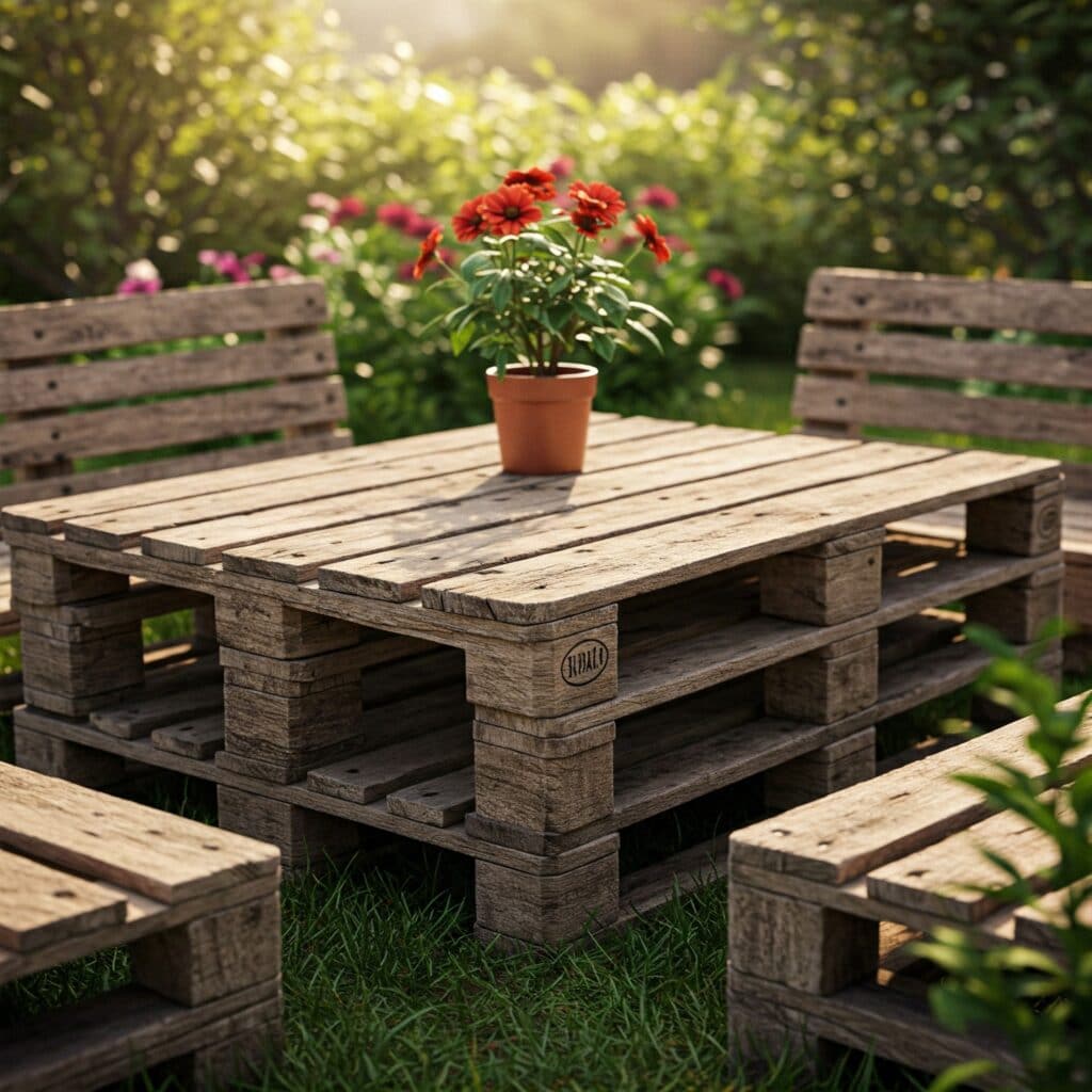 stół z palet w ogrodzie