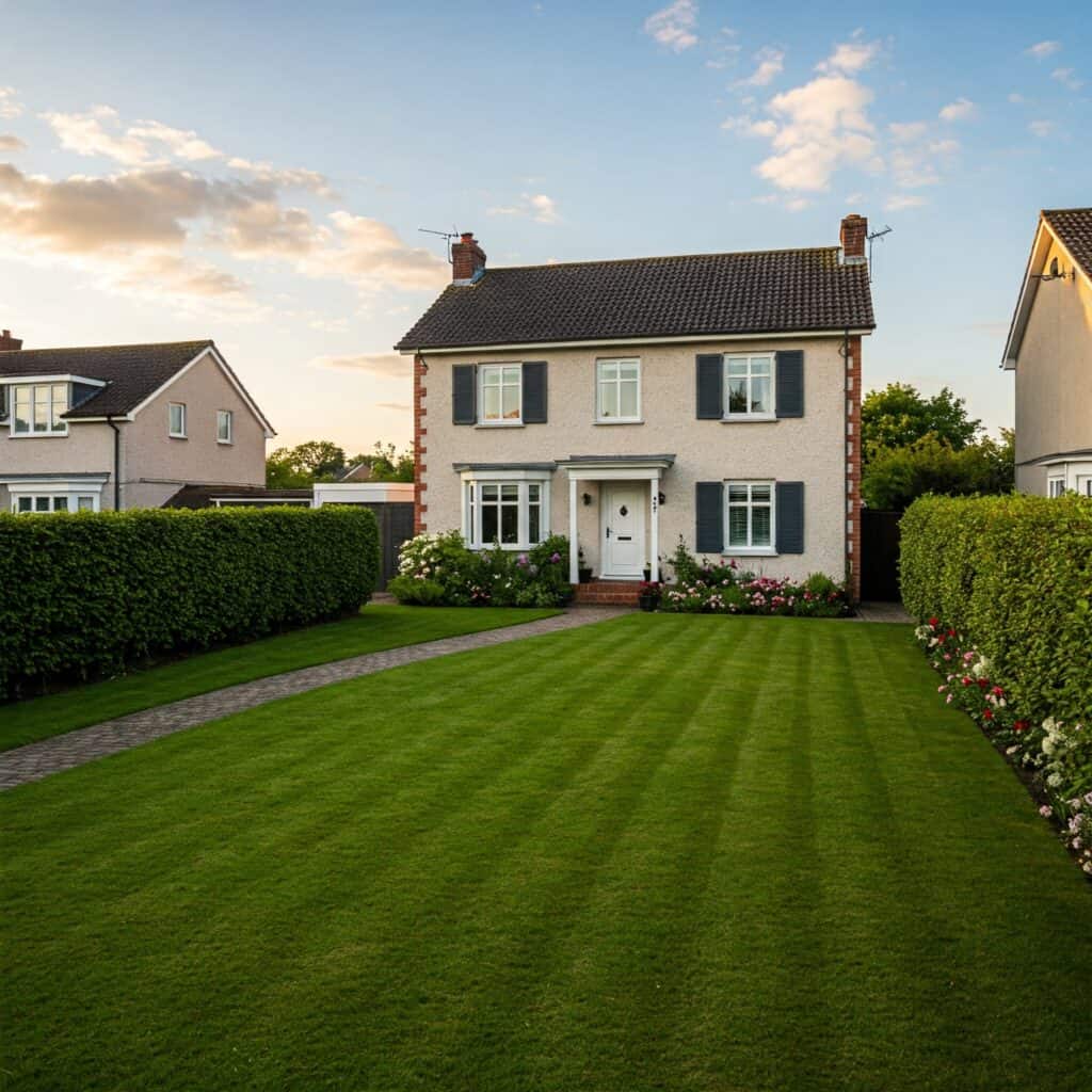 zielony i równo ścięty trawnik przed domem