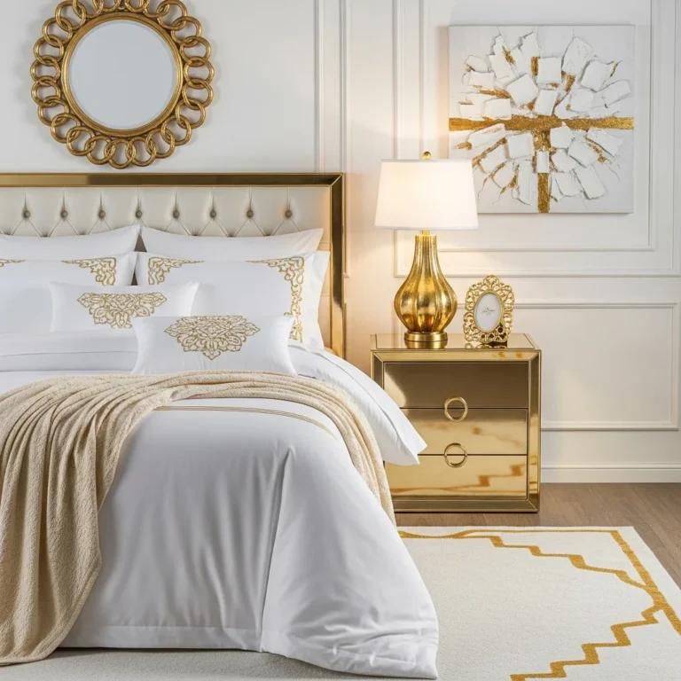 Biało złota sypialnia w stylu glamour – 7 dodatków, które stworzą luksusowy klimat.