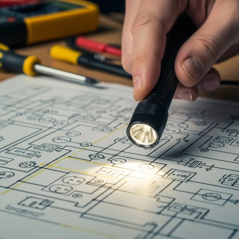 Dłoń trzymająca latarkę oświetlającą fragment schematu elektrycznego instalacji domowej, widoczne symbole i linie.