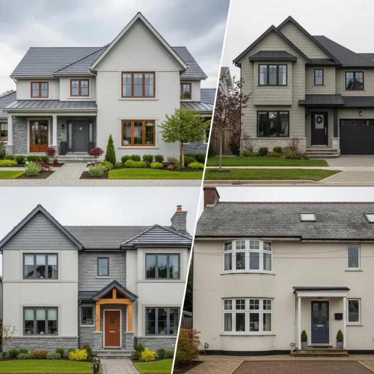 Cztery domy z szarą elewacją i brązowymi lub czarnymi oknami, prezentujące różne style i kombinacje kolorystyczne.