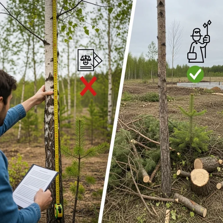 Porównanie: po lewej osobie mierzącej drzewo z symbolem prawniczym i znakiem zakazu, po prawej wycięte drzewo z symbolem akceptacji.