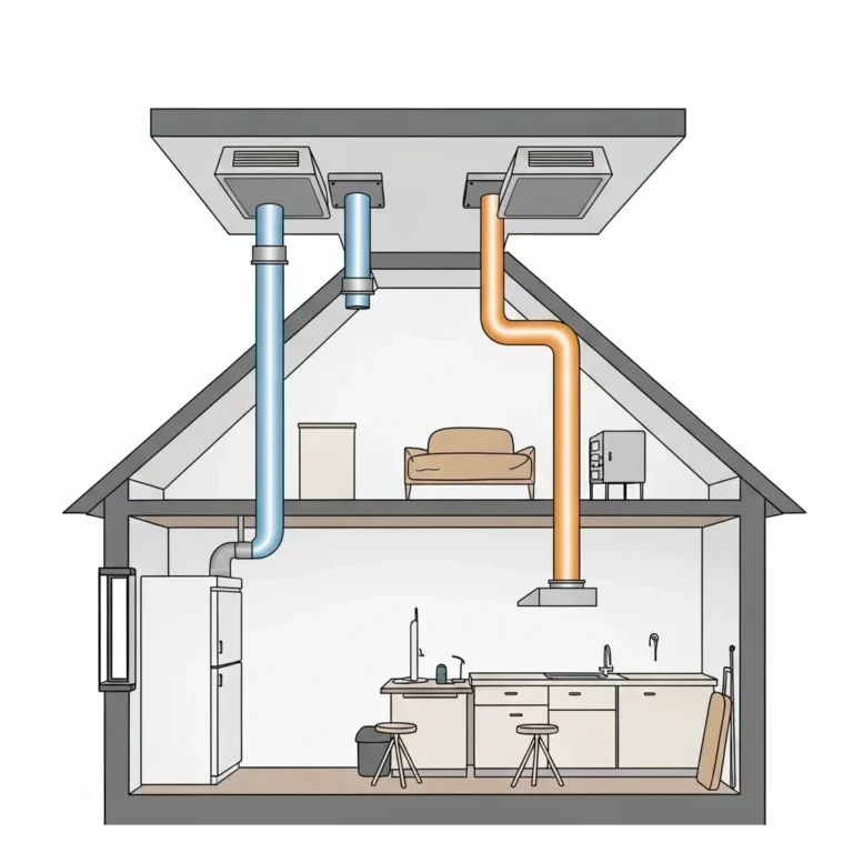 Schemat wentylacji mechanicznej bez odzysku ciepła w domu: nawiew świeżego powietrza i wywiew zużytego.
