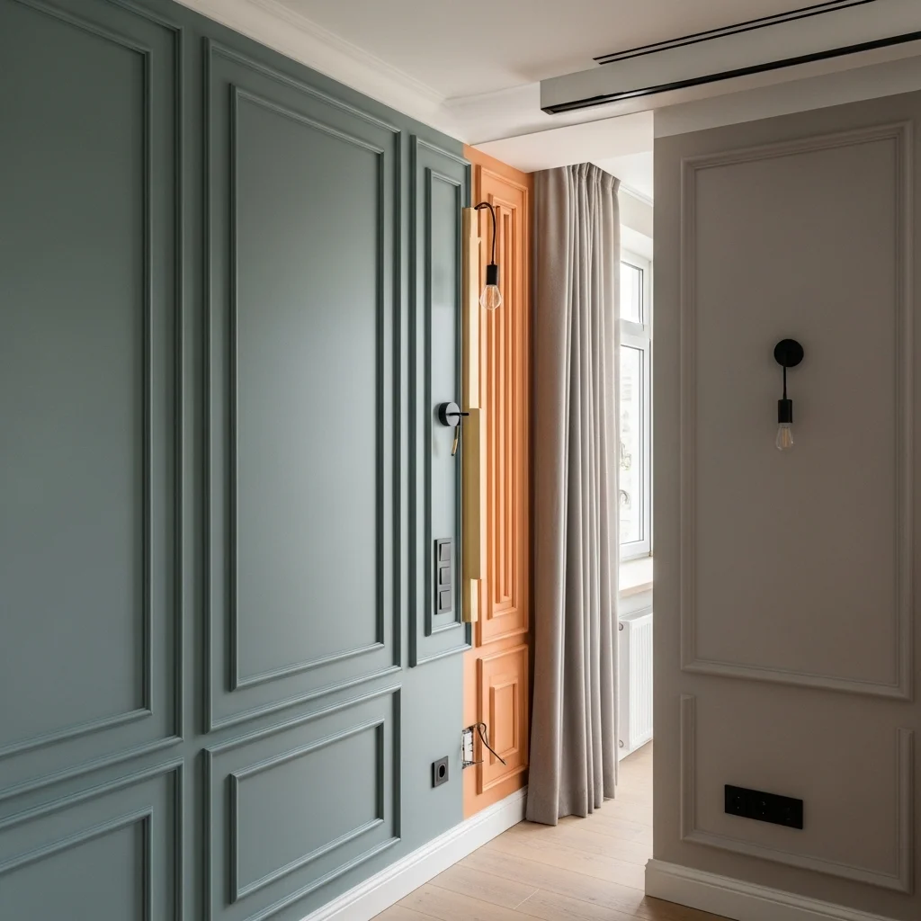 Wnętrze z panelami ściennymi w odcieniach zieleni i pomarańczu, z wbudowanymi lampami i dekoracyjnymi listwami.