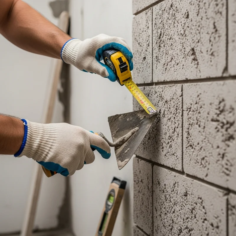 Ręce w białych rękawicach mierzą taśmą mierniczą i szpachlą fugę na szarym murze z boniowaniem.