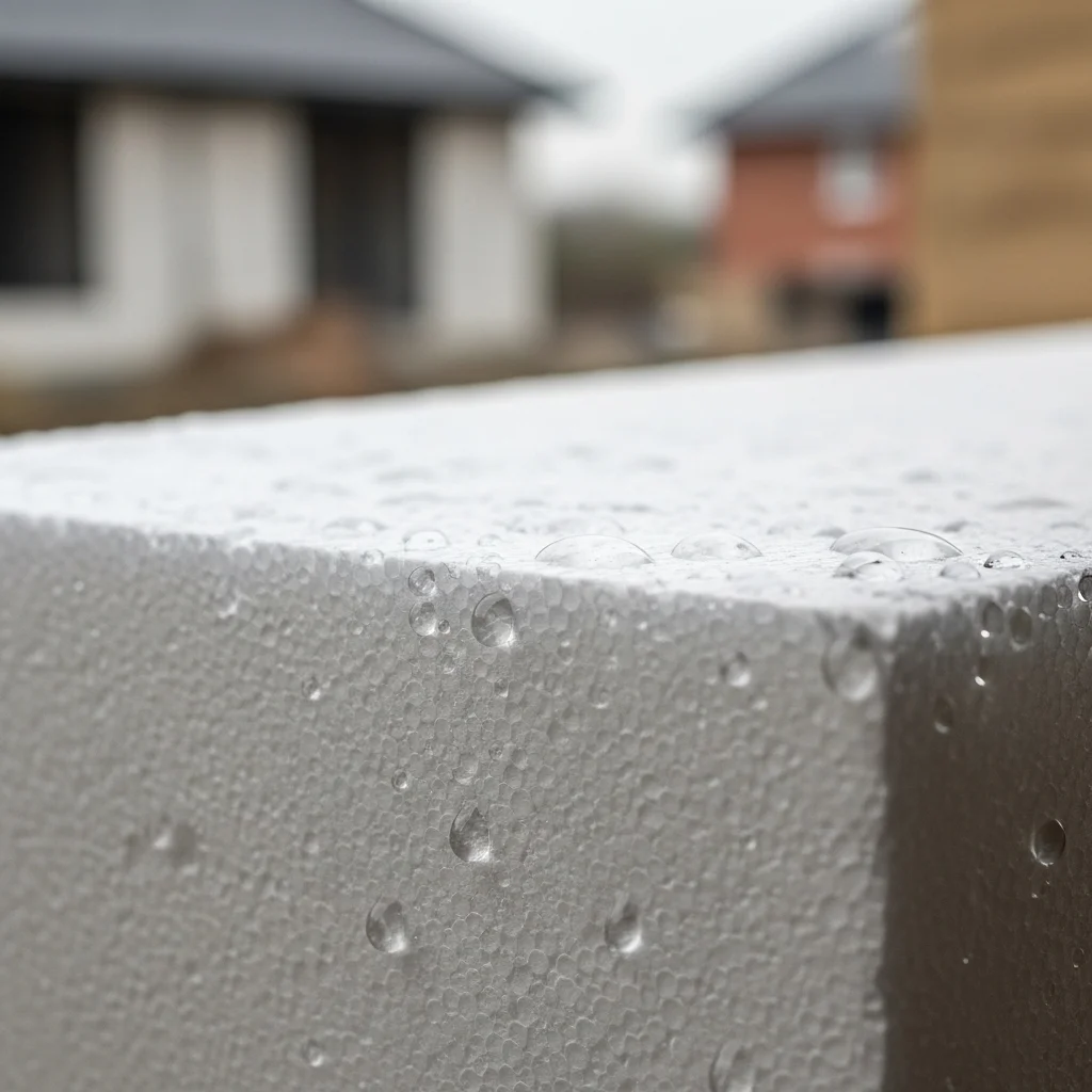 Kwadrat styropianu z kroplami wody na powierzchni, w tle rozmyte budynki.