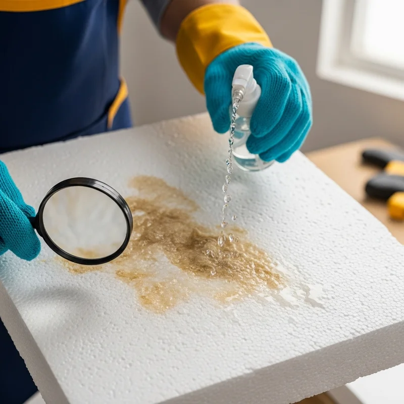 Osoba w rękawicach spryskuje wodą plamę na styropianie, oglądając ją przez lupę.