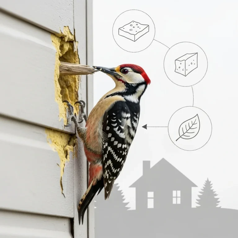 Dzięcioł przy pracy: dziurawi elewację domu. Obok grafiki: kostki ocieplenia, liść i sylwetka domu.