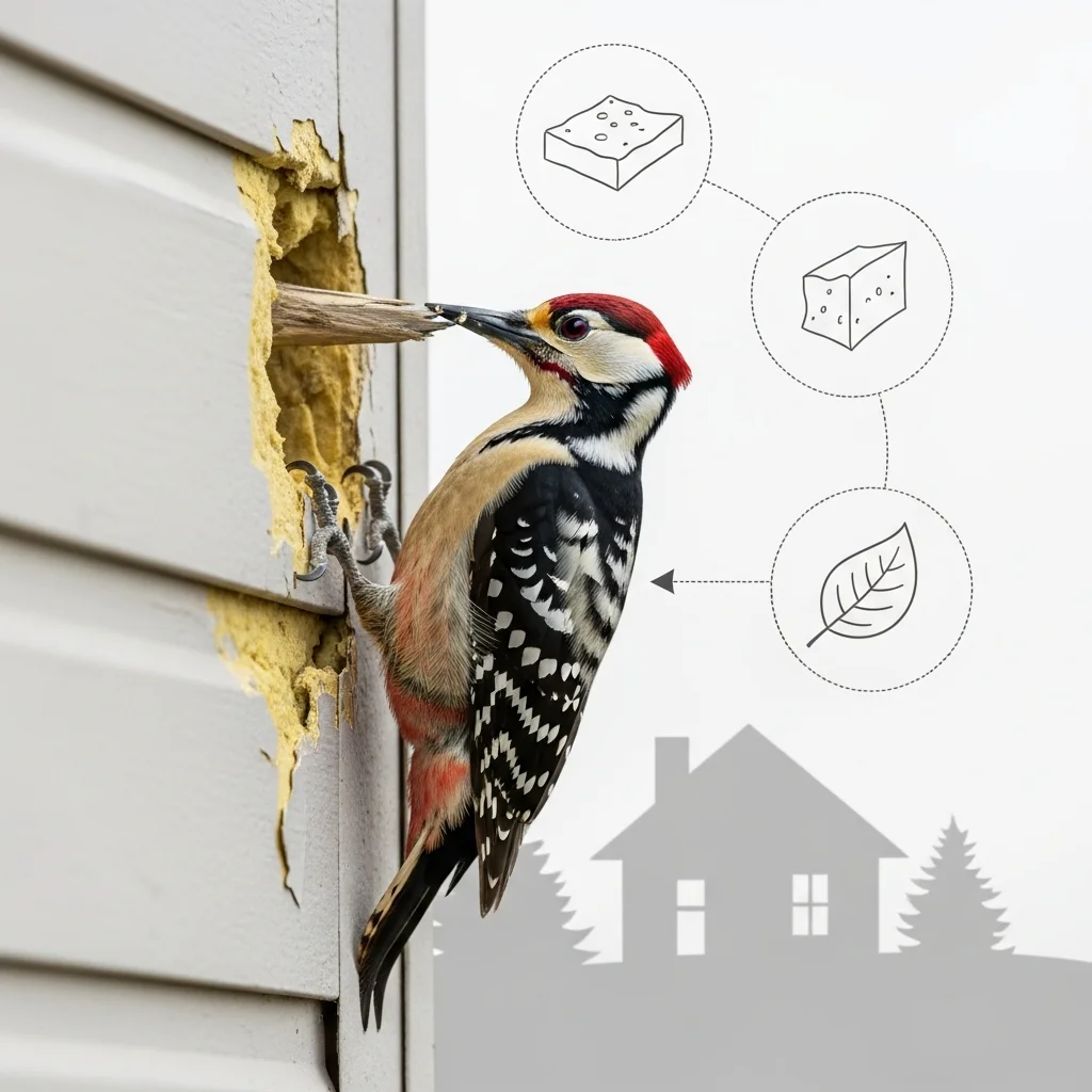 Dzięcioł przy pracy: dziurawi elewację domu. Obok grafiki: kostki ocieplenia, liść i sylwetka domu.