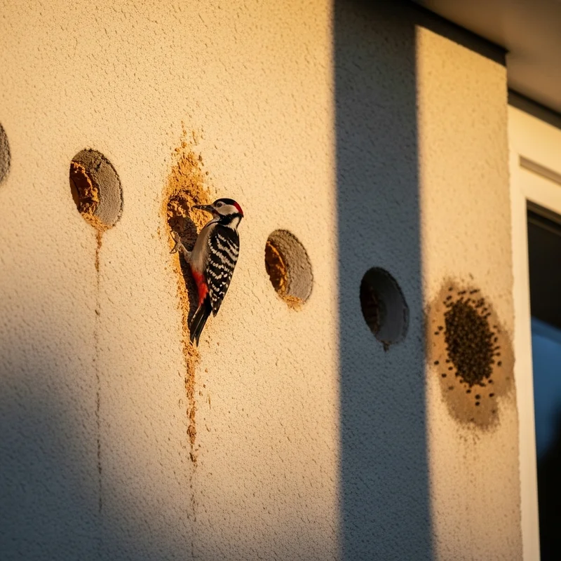 Dzięcioł na elewacji z otworami. Ptak siedzi przy otworze, wokół ślady po kuciu.