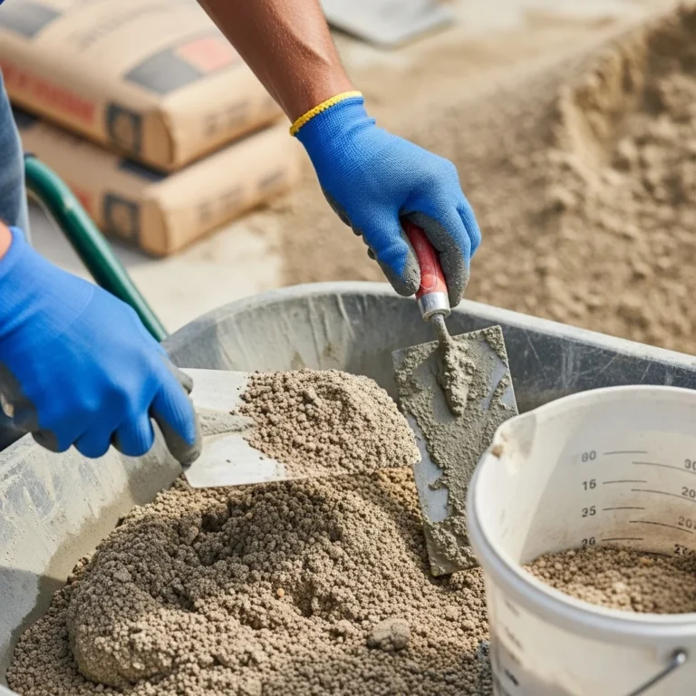Osoba w niebieskich rękawicach miesza mieszankę cementową w taczce za pomocą kielni i szpachli.