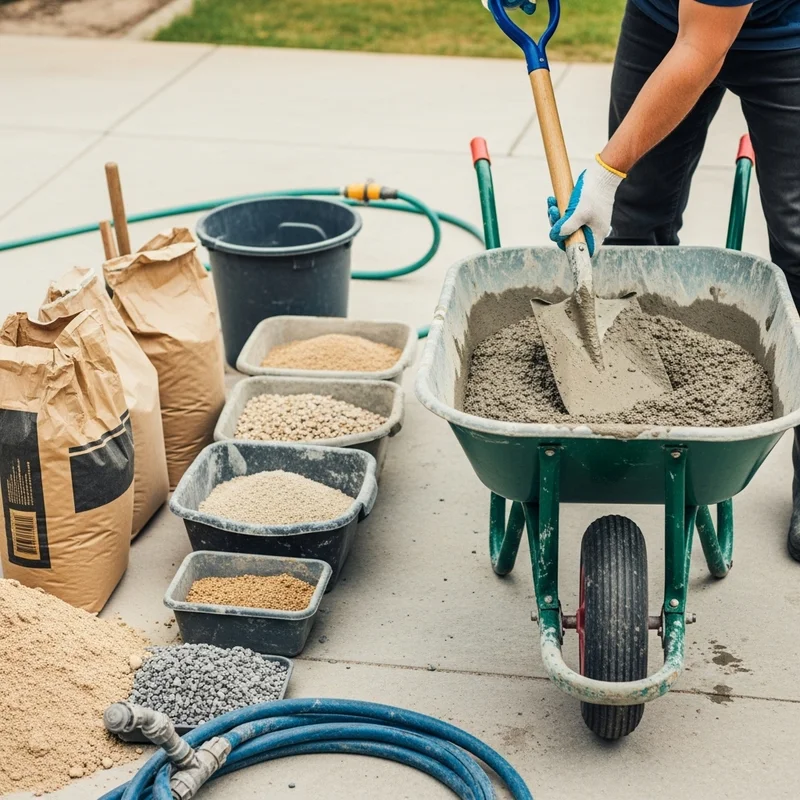 Mężczyzna w rękawicy miesza beton w taczce. Obok worki z cementem i pojemniki z kruszywami.
