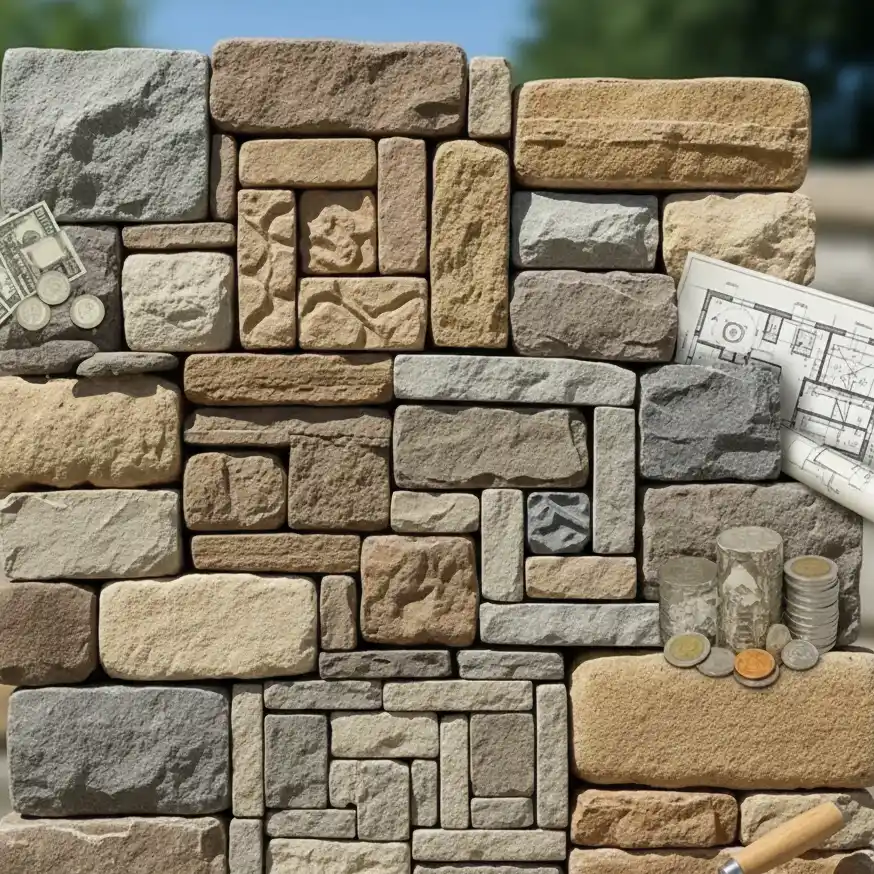 Mur z kamienia: koszty zależą od rodzaju kamienia, techniki murowania i złożoności projektu, symbolizowane przez elementy.