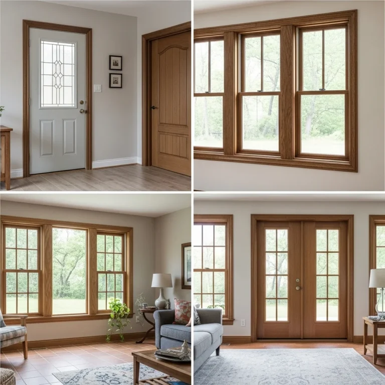 Zestawienie wnętrz z oknami i drzwiami w kolorze orzecha: wejście do domu, okna i drzwi tarasowe.