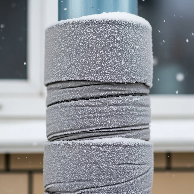 Izolacja rury z zewnątrz, pokryta szronem i śniegiem. Ochrona przed zamarzaniem kranu na elewacji.