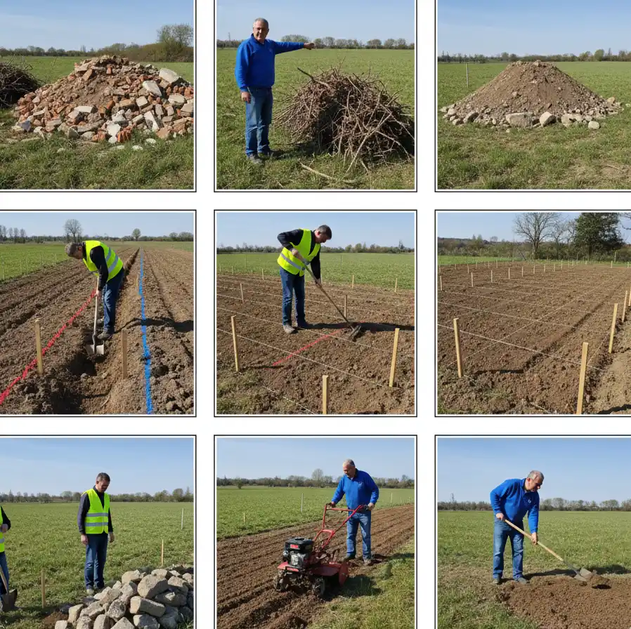 Krok po kroku przygotowanie działki: usuwanie przeszkód, wykrywanie instalacji, planowanie, spulchnianie i nawożenie gleby przed przekopywaniem.