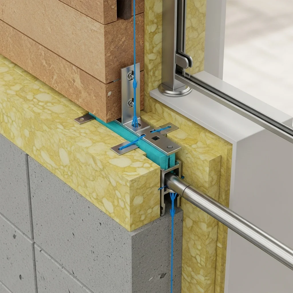 Schemat mocowania balustrady do ściany z ociepleniem: łączniki, izolacja, elementy konstrukcyjne i mocowanie do ściany.