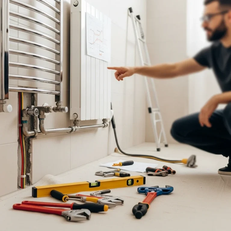 Mężczyzna w trakcie montażu grzejnika łazienkowego, pokazuje palcem na schemat. Na podłodze narzędzia.