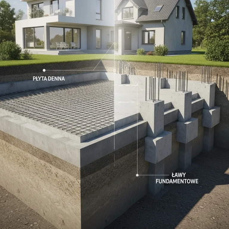 Schemat fundamentu: płyta denna i ławy fundamentowe, z widoczną konstrukcją i warstwami ziemi.