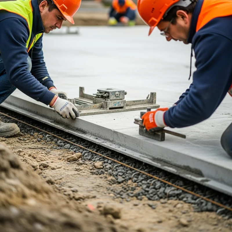 Robotnicy budowlani układają betonową płytę fundamentową, dbając o precyzję montażu.