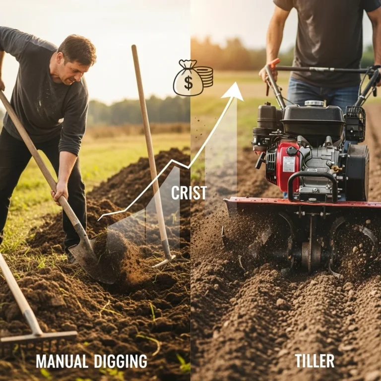 Porównanie ręcznego przekopywania działki i użycia glebogryzarki, z wykresem wzrostu kosztów.