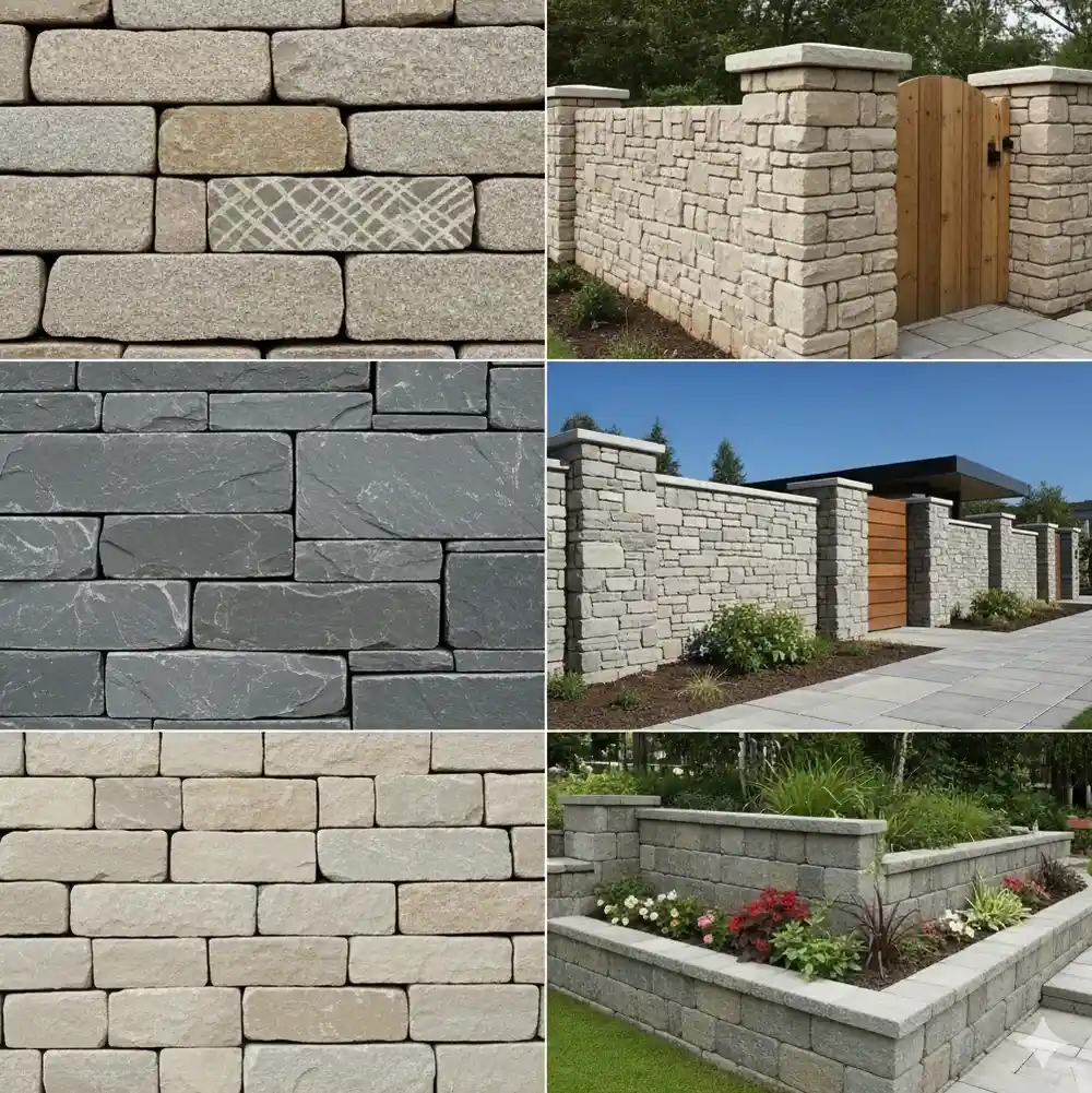 Mur z kamienia: koszty zależą od rodzaju kamienia, techniki murowania i złożoności projektu, symbolizowane przez elementy.