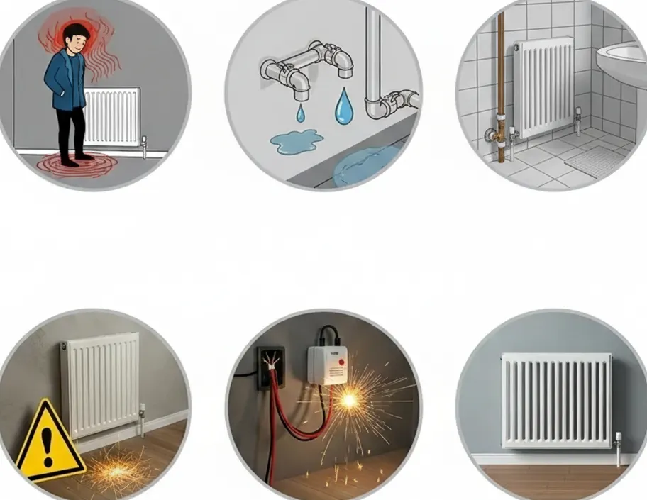 Ilustracja błędów przy montażu grzejników: za mała moc, źle dopasowane rury, brak czyszczenia, niebezpieczne miejsce, brak zabezpieczeń, nierówna instalacja.