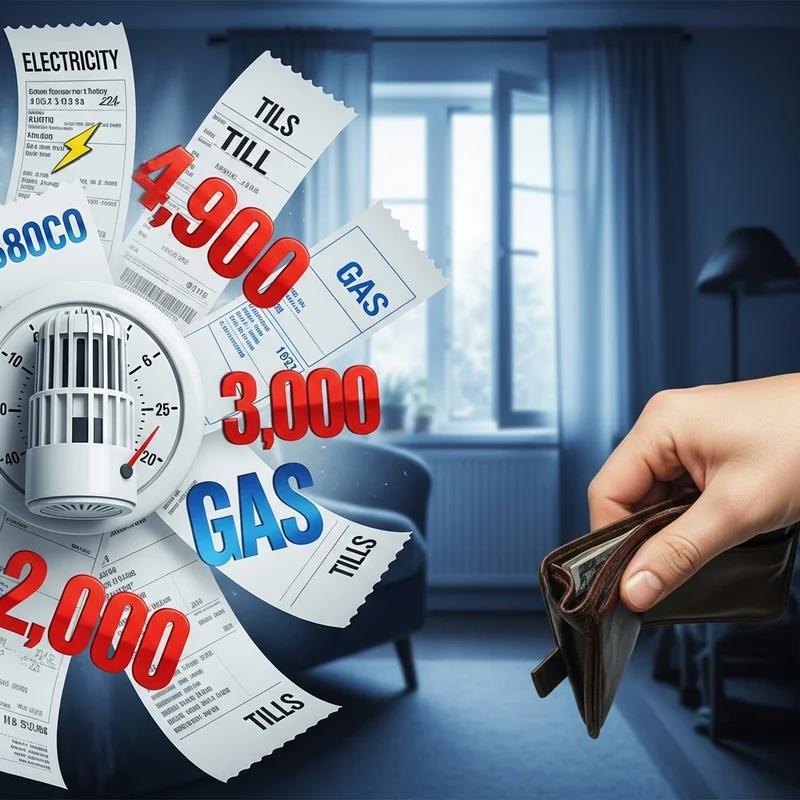Rachunki za energię i gaz z wysokimi kwotami, obok miernika ciepła, symbolizujące wysokie koszty ogrzewania.