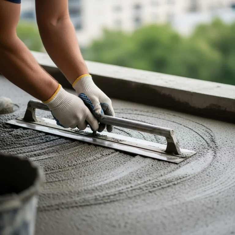 Mężczyzna w rękawicach zacierający świeżą wylewkę cementową na balkonie za pomocą pacy.