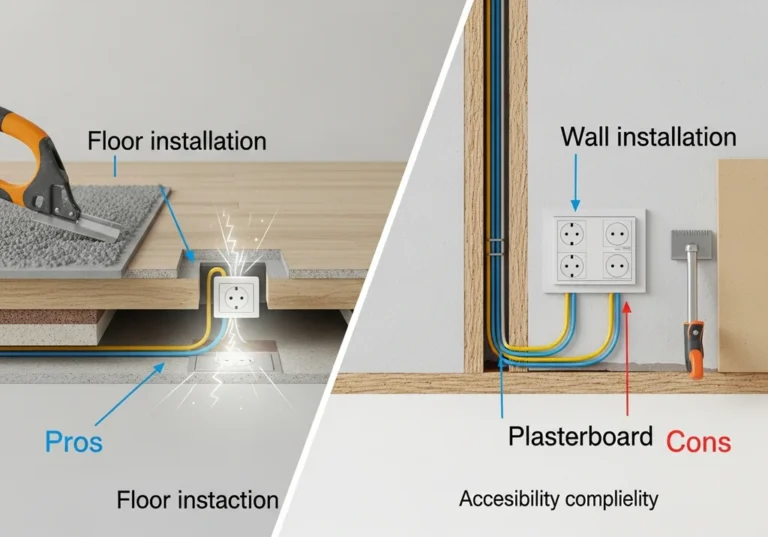 Porównanie instalacji elektrycznej w podłodze (zalety) i na ścianie (wady: skomplikowana instalacja na płycie gipsowo-kartonowej).