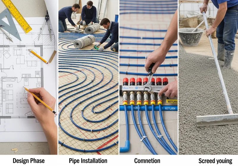 Cztery etapy instalacji ogrzewania podłogowego: projekt, układanie rur, podłączenie i wylewanie jastrychu.