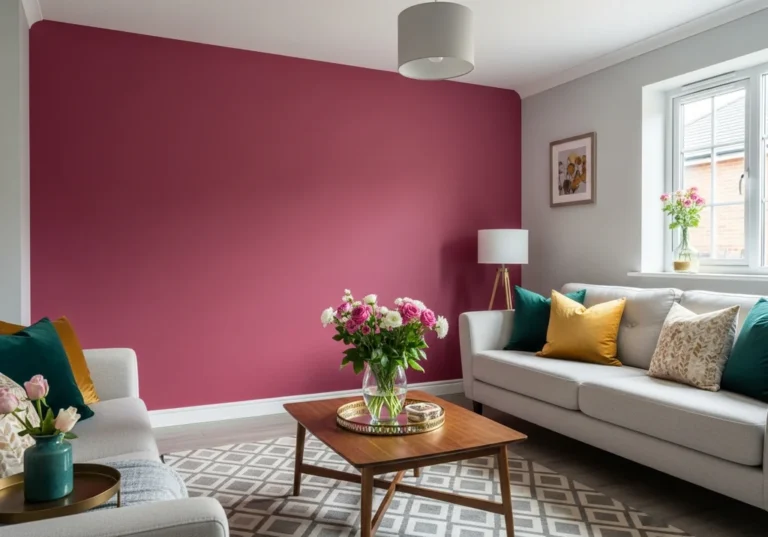 Nowoczesny salon z malinową ścianą, szarą kanapą i drewnianą ławą.