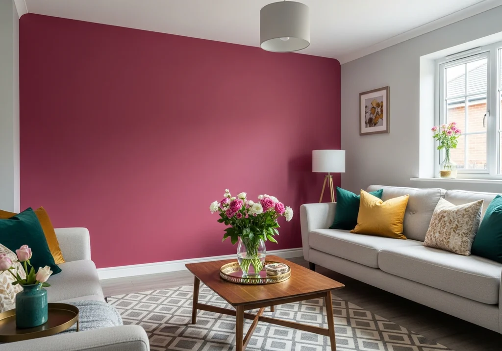 Nowoczesny salon z malinową ścianą, szarą kanapą i drewnianą ławą.