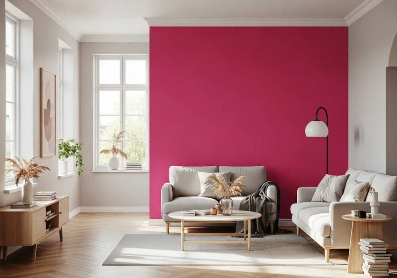 Nowoczesny salon z akcentem malinowej ściany, jasnymi sofami i drewnianym stolikiem.