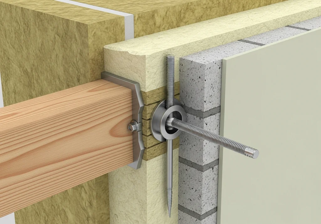 Przekrój ściany z belką drewnianą mocowaną kotwą przez izolację do cegły.