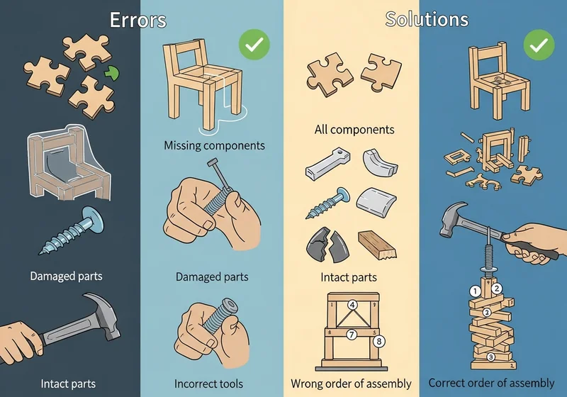 Ilustracja porównująca błędy i rozwiązania w montażu mebli, np. brakujące części, uszkodzone elementy, zły porządek.