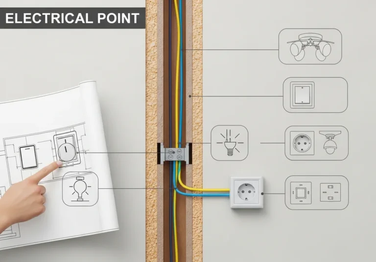 Ilustracja schematyczna punktu elektrycznego z okablowaniem, gniazdkiem, włącznikiem i oprawami oświetleniowymi.