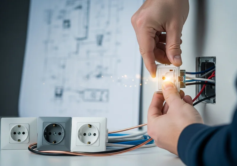 Elektryk montuje gniazdko elektryczne, obok leżą kable i inne gniazdka.