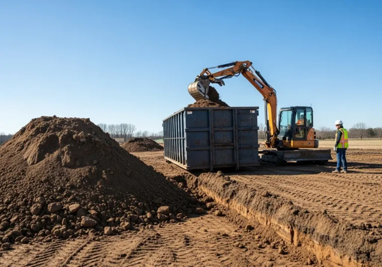Koparka wsypuje ziemię do kontenera na placu budowy.