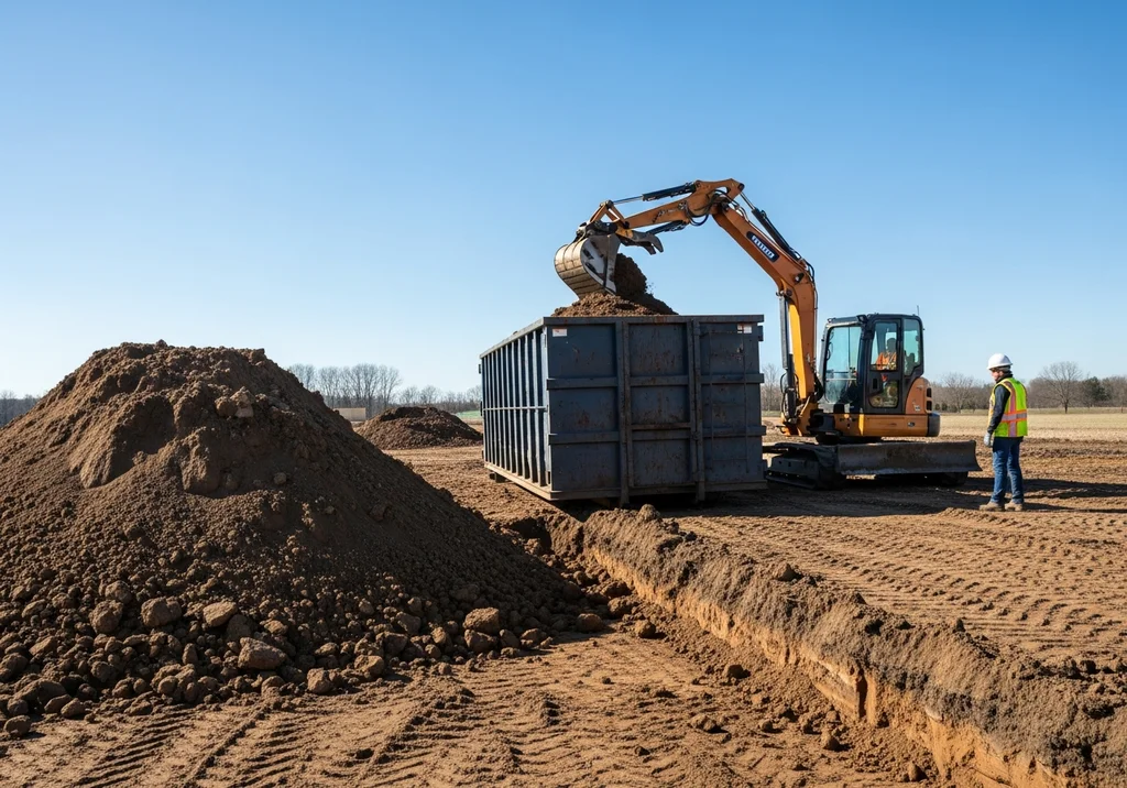 Koparka wsypuje ziemię do kontenera na placu budowy.