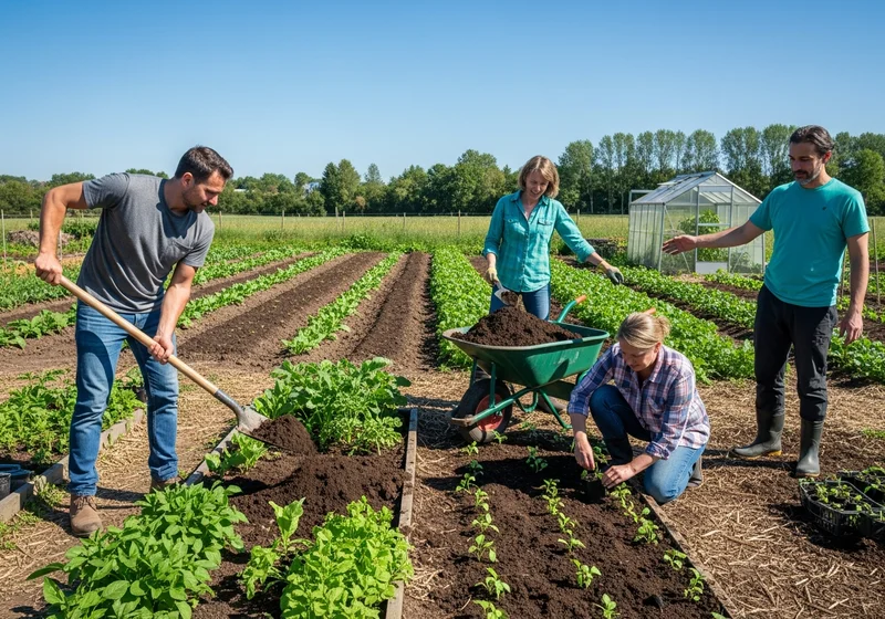 Osoby pracujące w ogrodzie, mężczyzna kopie ziemię, kobiety sadzą rośliny.