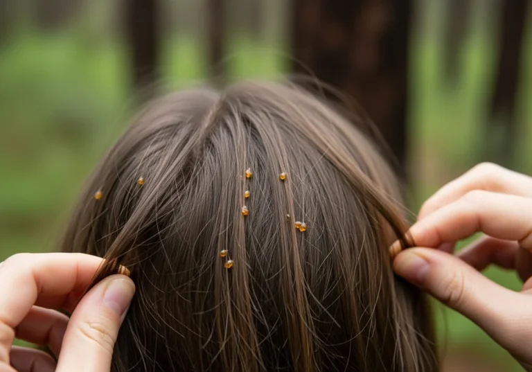 Krople żywicy na brązowych włosach. Dłonie usuwają kosmyki.