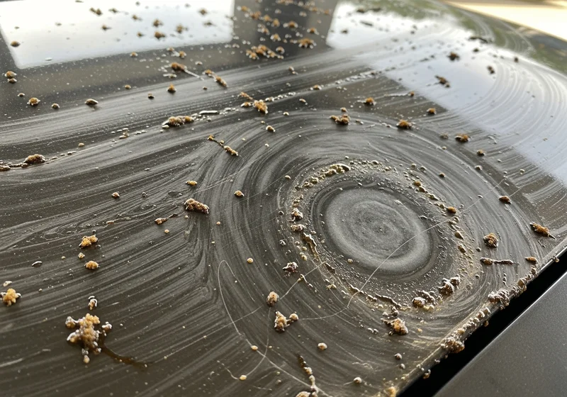 Brązowe grudki żywicy i ślady na ciemnej, błyszczącej powierzchni samochodu.