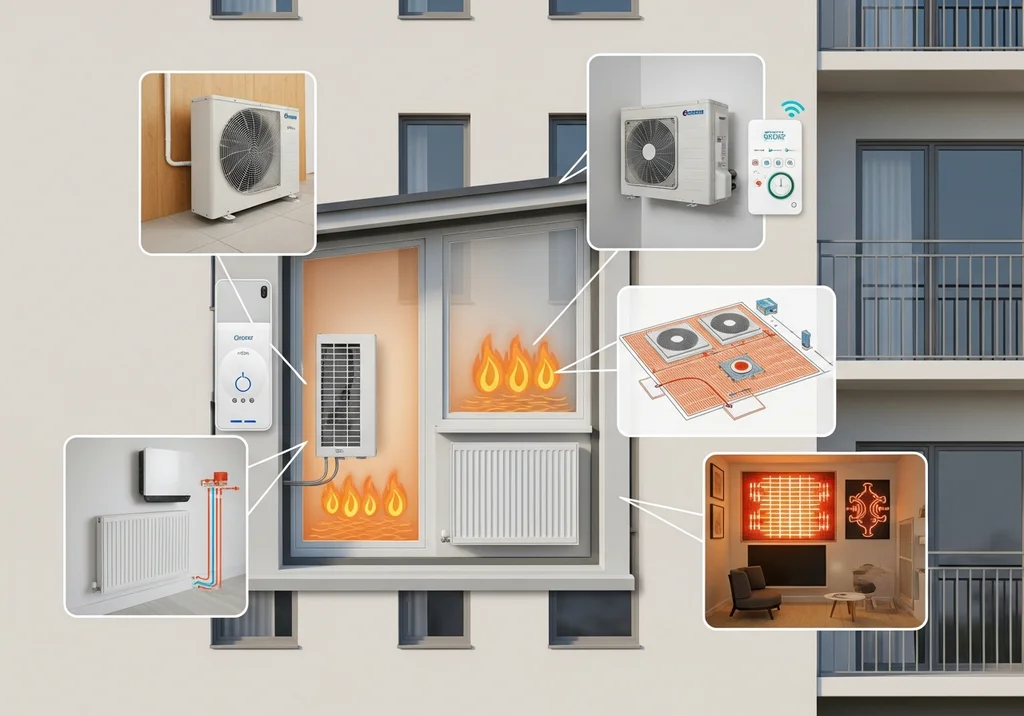 Ilustracja systemów alternatywnego ogrzewania mieszkań w bloku: pompy ciepła, ogrzewanie podłogowe i panele grzewcze.