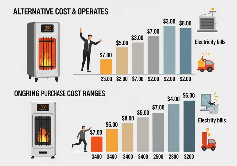 Wykresy porównujące koszt alternatywny i bieżący ogrzewania: koszty zakupu i rachunki.