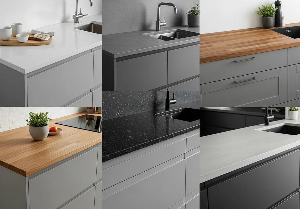 Kolaż zdjęć blatów kuchennych: białego, szarego, drewnianego, czarnego i jasnoszarego.