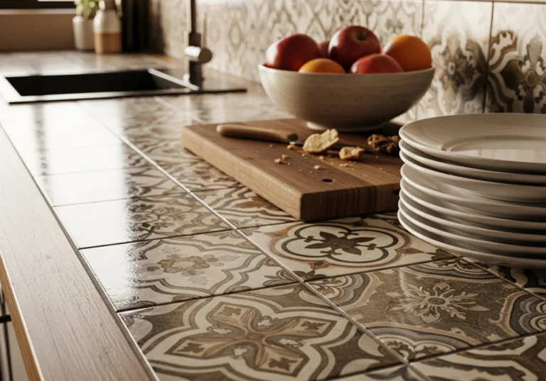 Blat kuchenny z ozdobnych płytek z misą jabłek i talerzy.