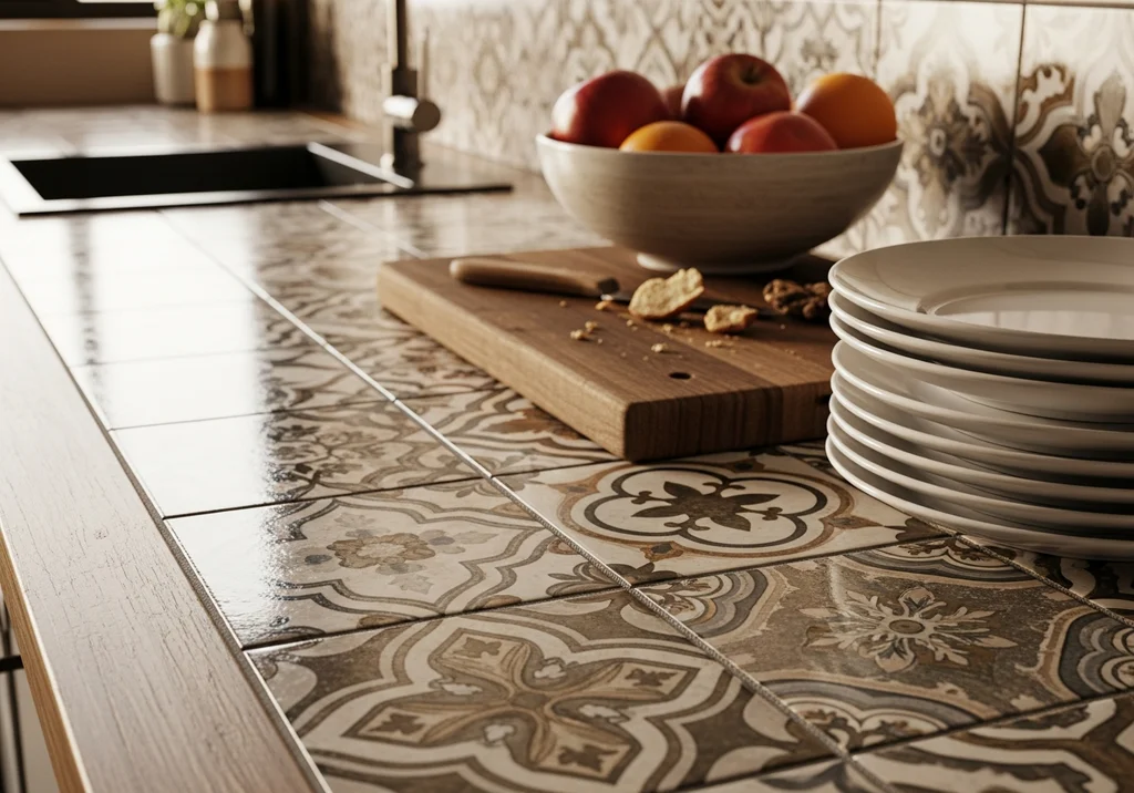 Blat kuchenny z ozdobnych płytek z misą jabłek i talerzy.