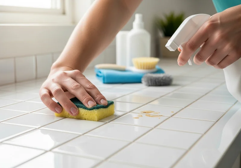 Dłoń czyści biały blat kuchenny z płytek za pomocą żółtej gąbki.